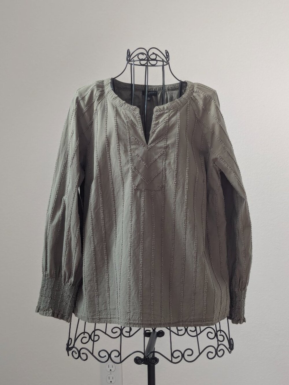 Talbots Petite 100% Cotton Olive Textured Peasant Blouse MP